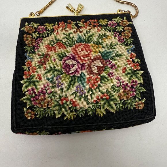 Petit-Point Handbag‎ Needlepoint Tapestry Framed Kiss Lock Floral Vintage Retro - Picture 4 of 16